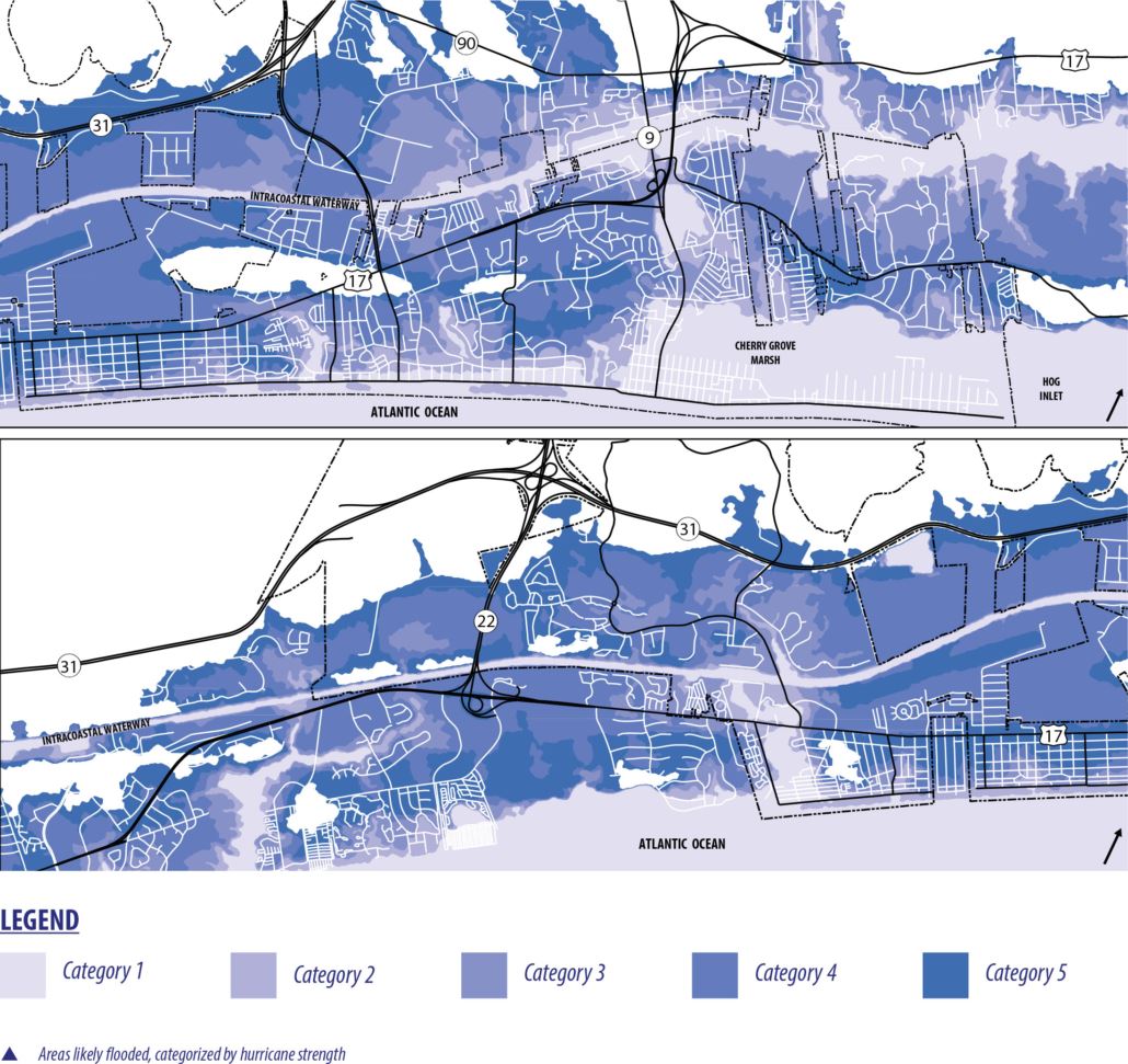 Map of areas around North Myrtle Beach predicted to flood during a hurricane