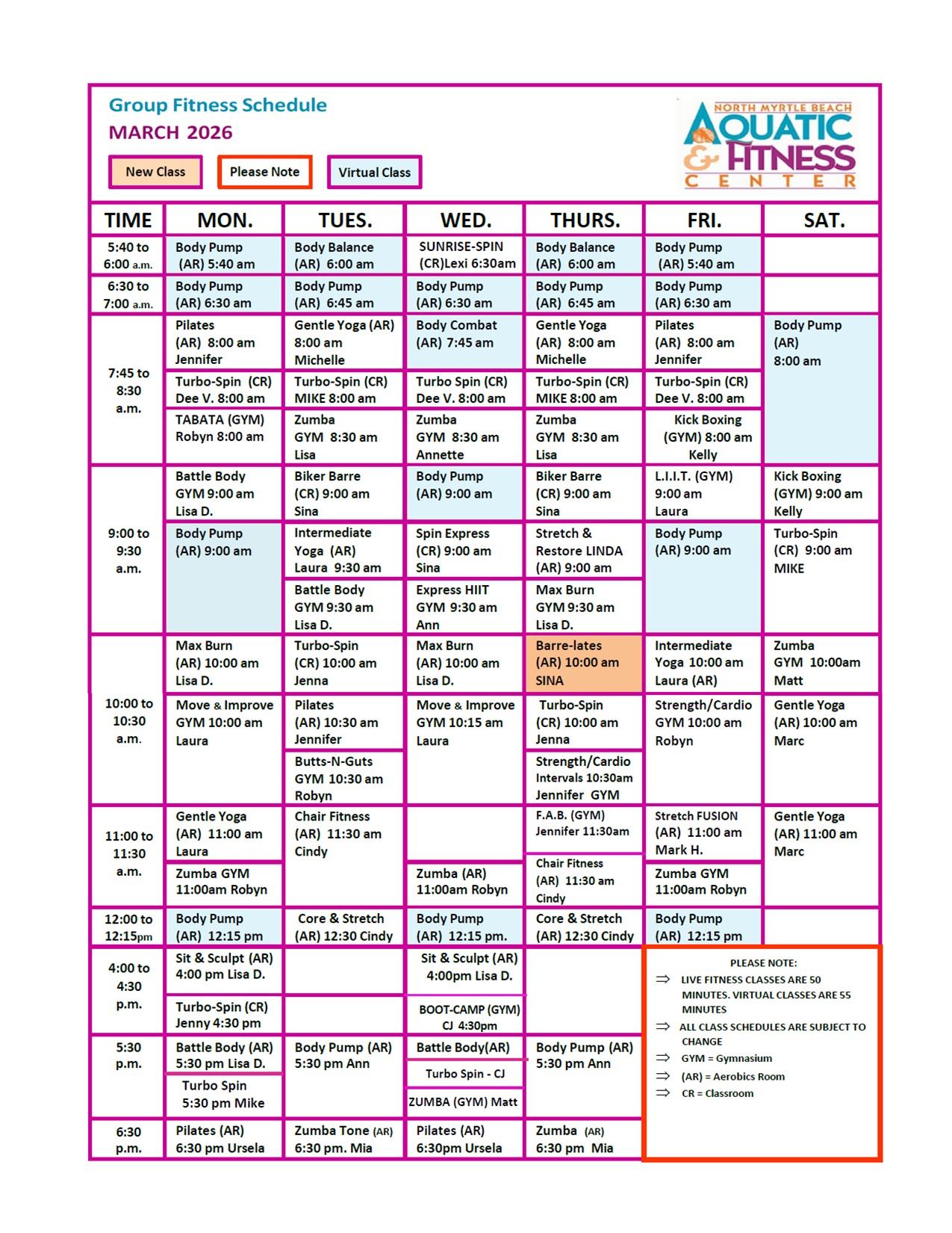 Land Fitness Schedule
